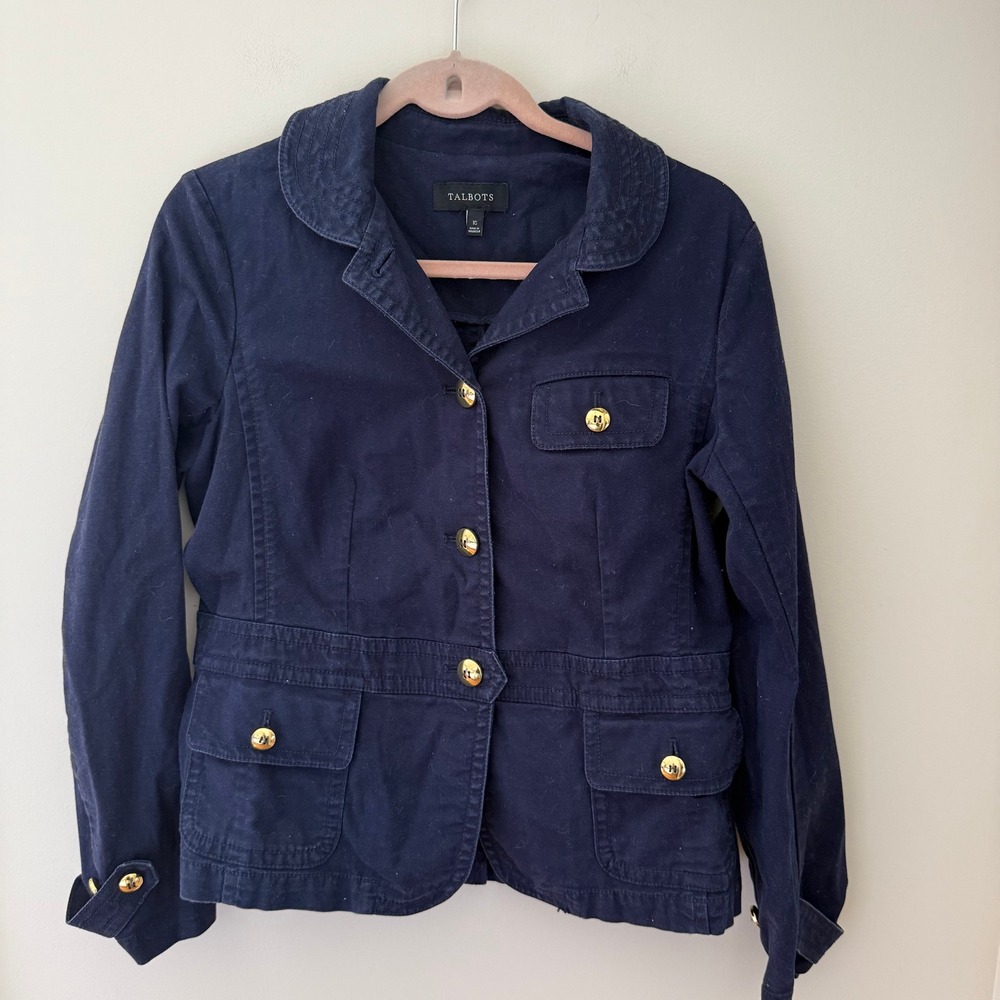 Talbots Navy Blue Cotton Utility Jacket Gold Crest Buttons Size 10 Nautical